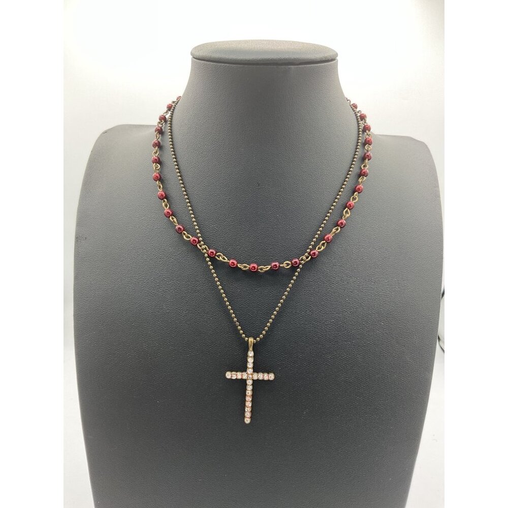 Boho Layered Red Bead & Rhinestone Cross Pendant Necklace Set Gothic Glam